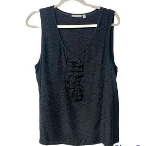 Halogen Sleeveless Blouse Black Cream Polka Dot 100% Silk Ruffle Front XL